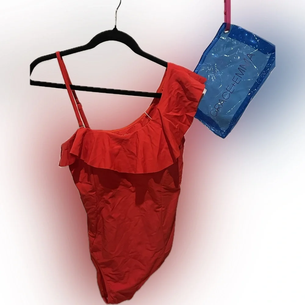 Grace + Emma Red One-Shoulder Ruffle Swim One Piece Brand New!
